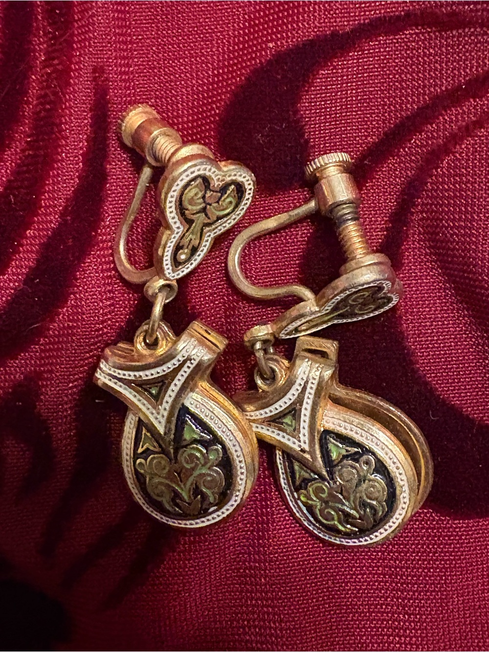 Vintage Spanish Damascene Castanet Dangle Earrings Screw Back Toledo Spain